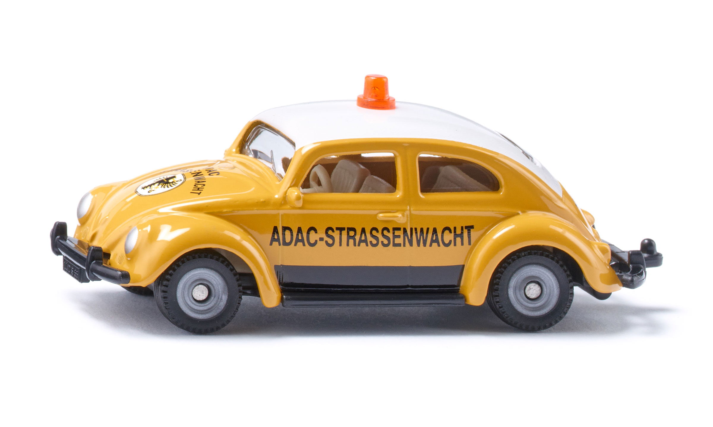 VW Käfer in gelb mit ADAC-Strassenwacht Druck in der Seitenansicht – Klassiker mit Nostalgie-Faktor, ideal zum Spielen oder Sammeln.