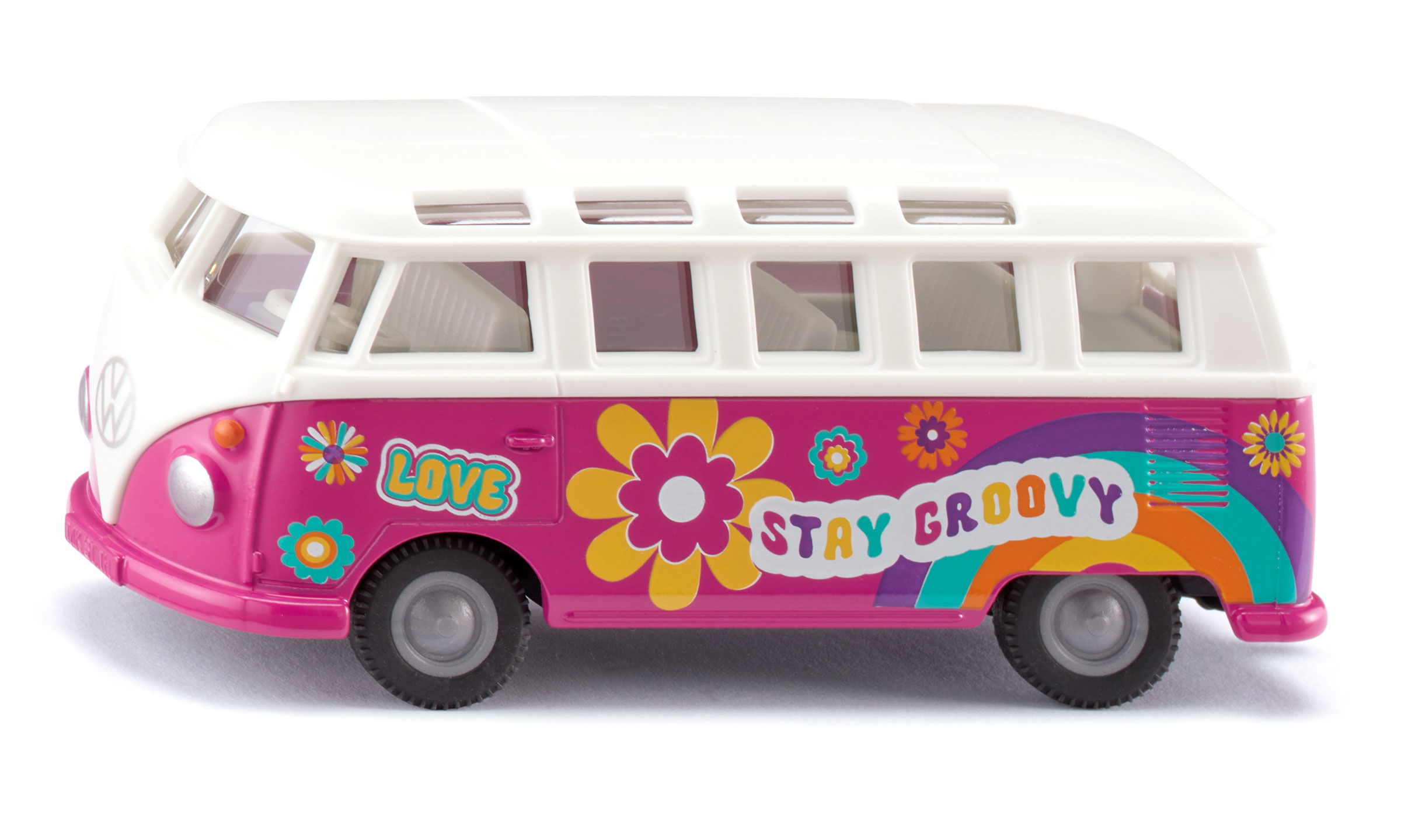 siku VW T1 Samba in pink  und weißem Dach mit bunten Blumen. Bedruckung Love und Stay Groovy in bunter Schrift.  Seitenansicht
