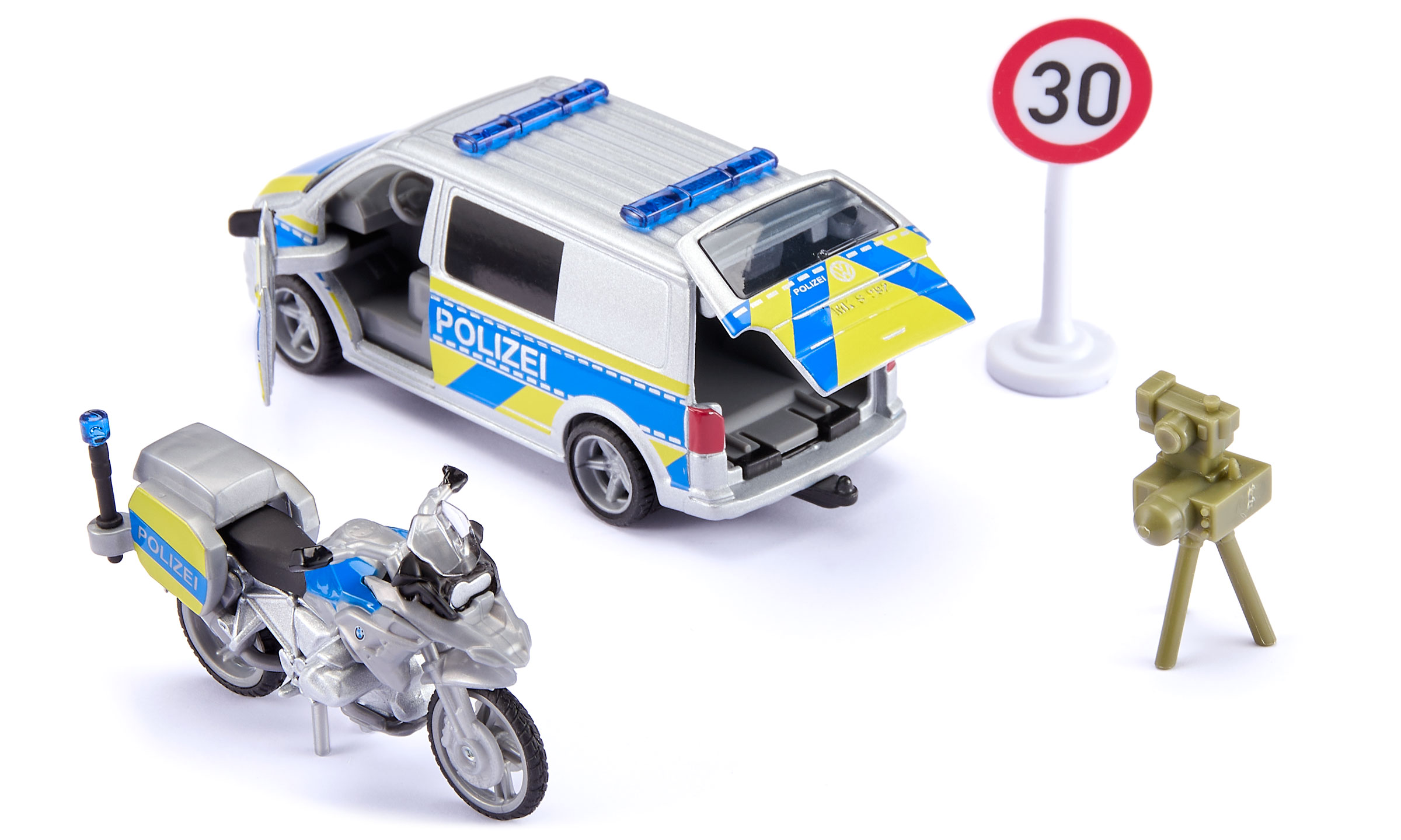 siku Polizei Set mit VW T6 Polizeiauto und BMW Polizeimotorrad