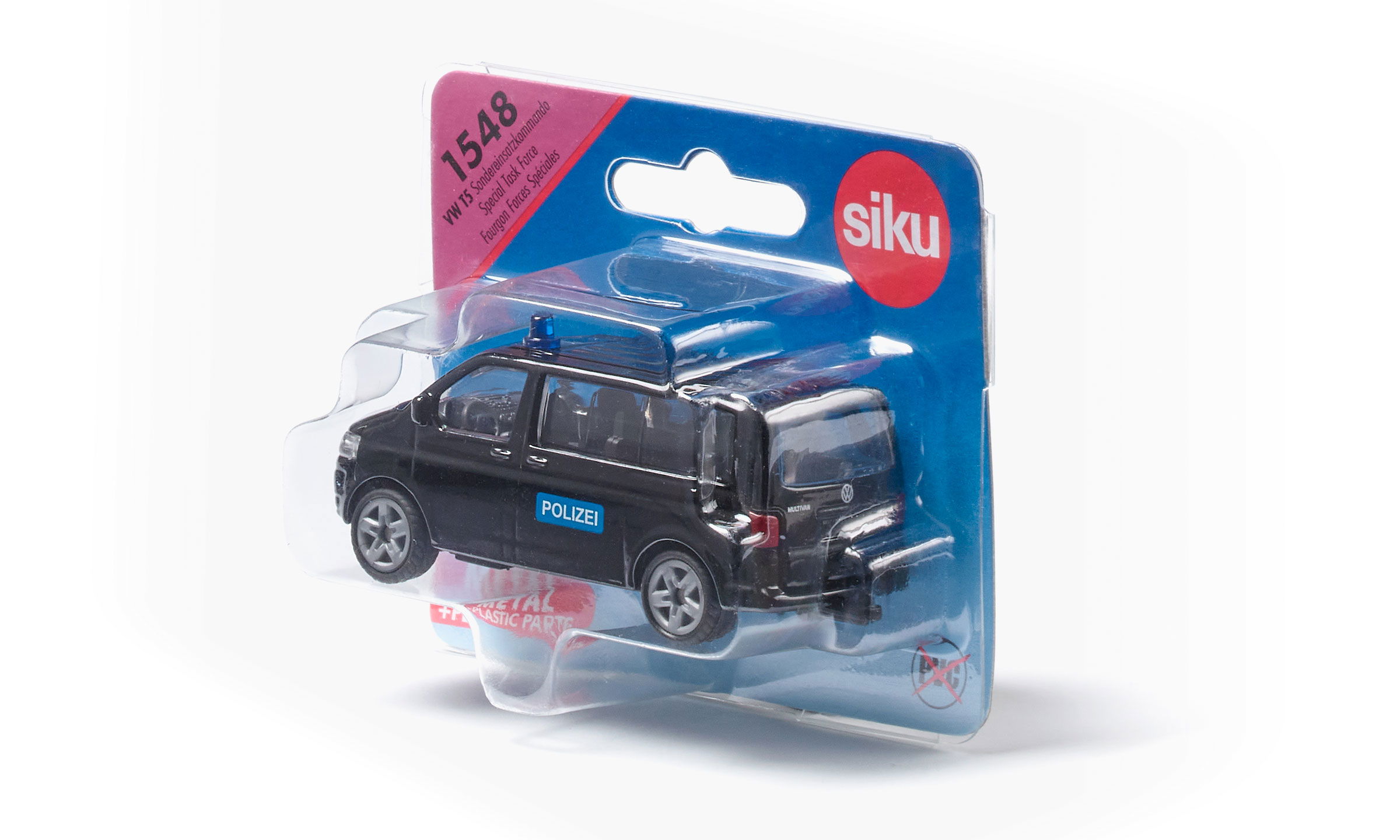 siku VW T5 Polizeiwagen als schwarzes Sondereinsatzkommando. Seitenansicht vor weißem Hintergrund  in Verpackung