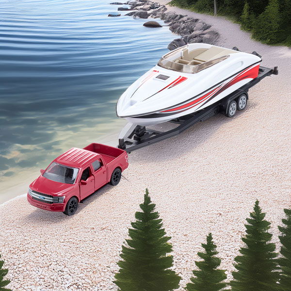 Roter Ford F150 mit Motorboot steht auf Sand am Ufer eines Sees