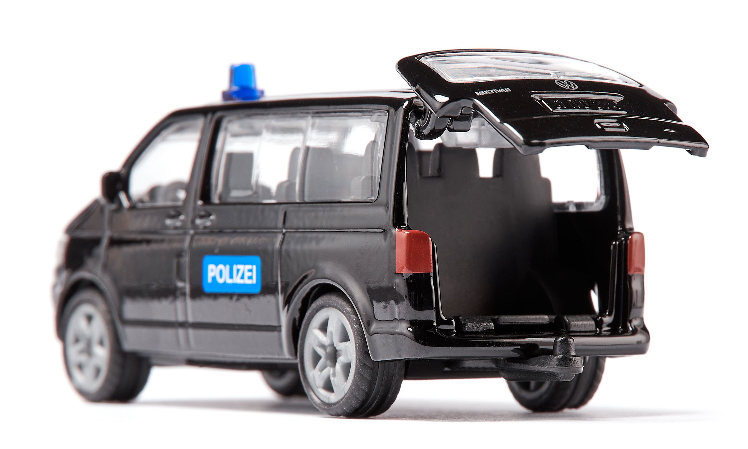 siku VW T5 Polizeiwagen als schwarzes Sondereinsatzkommando. Seitenansicht vor weißem Hintergrund mit geöffneter Heckklappe