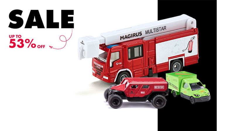 Grote siku SALE – Nu tot 53% korting! Drie siku-voertuigen op gesplitste achtergrond – SALE tot 53% korting