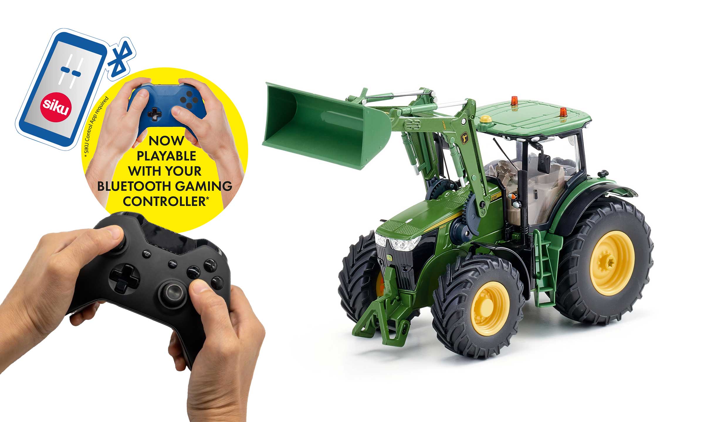 John Deere 7310R with front loader and Bluetooth app control