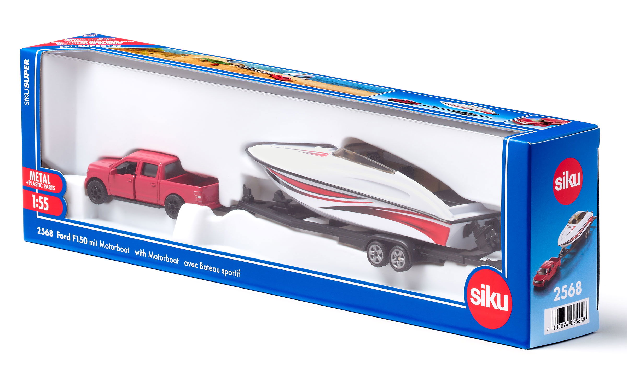 Roter Ford F150 mit weißem Motorboot auf weißem Hintergrund. In der Verpackung