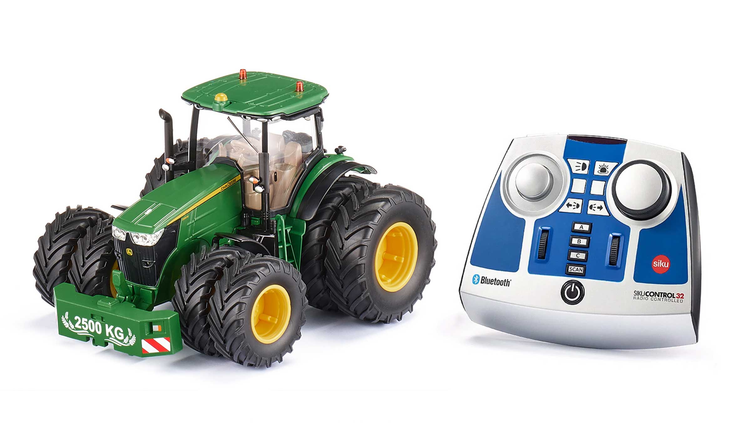 John Deere 7290R z podwójnymi oponami, sterowaniem za pomocą aplikacji Bluetooth i modułem zdalnego sterowania