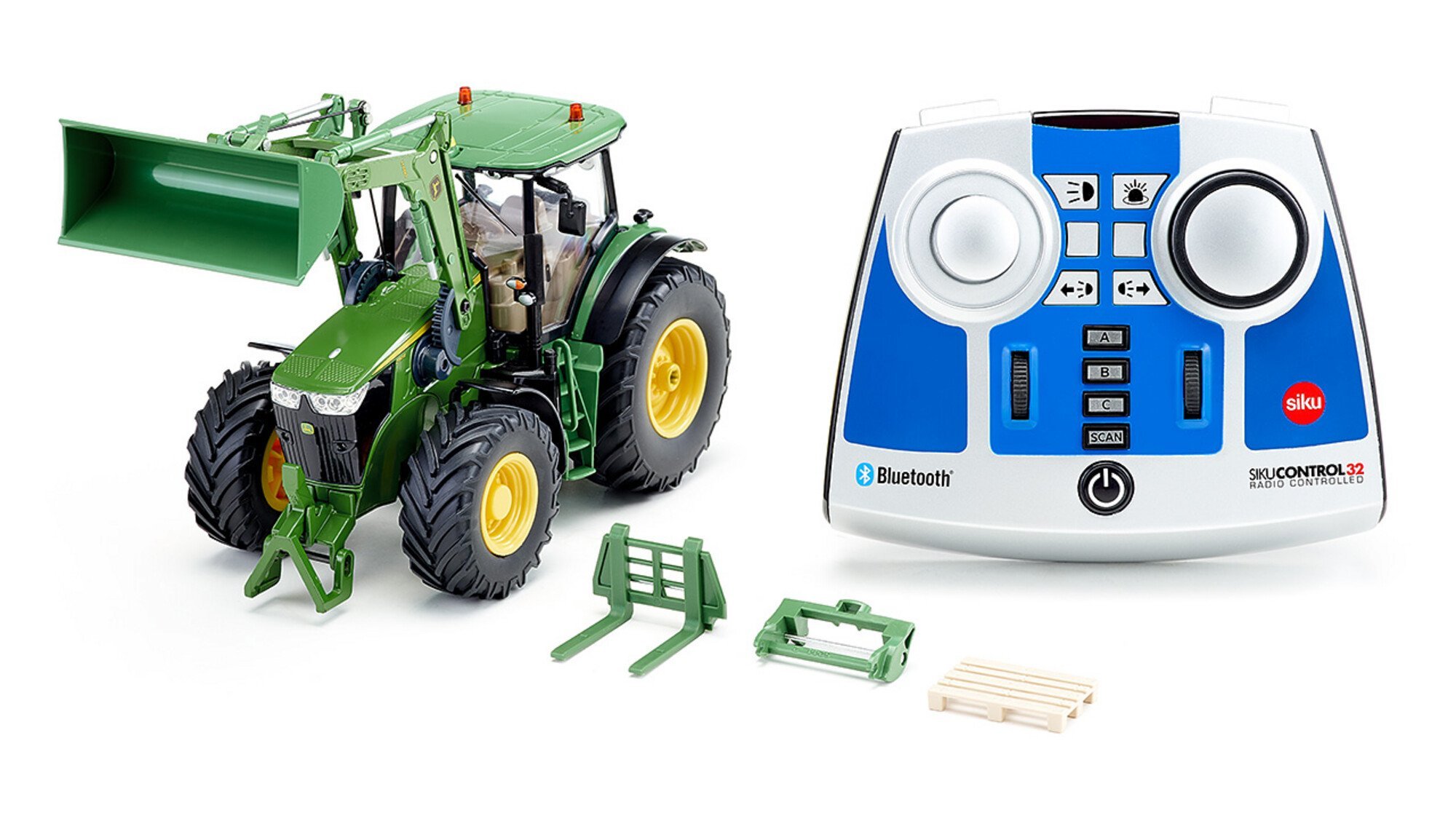 John Deere 7310R with front loader and remote control Bluetooth and app control