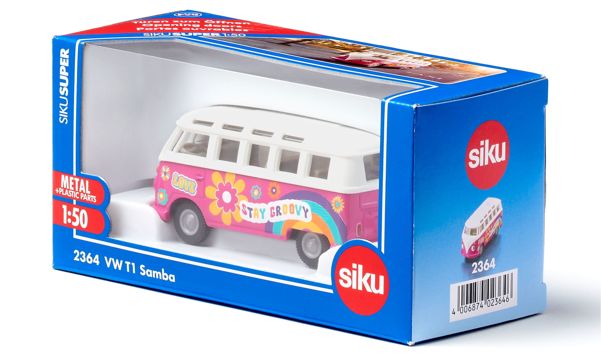 siku VW T1 Samba in pink  und weißem Dach mit bunten Blumen. Bedruckung Love und Stay Groovy in bunter Schrift.  In der siku Verpackung