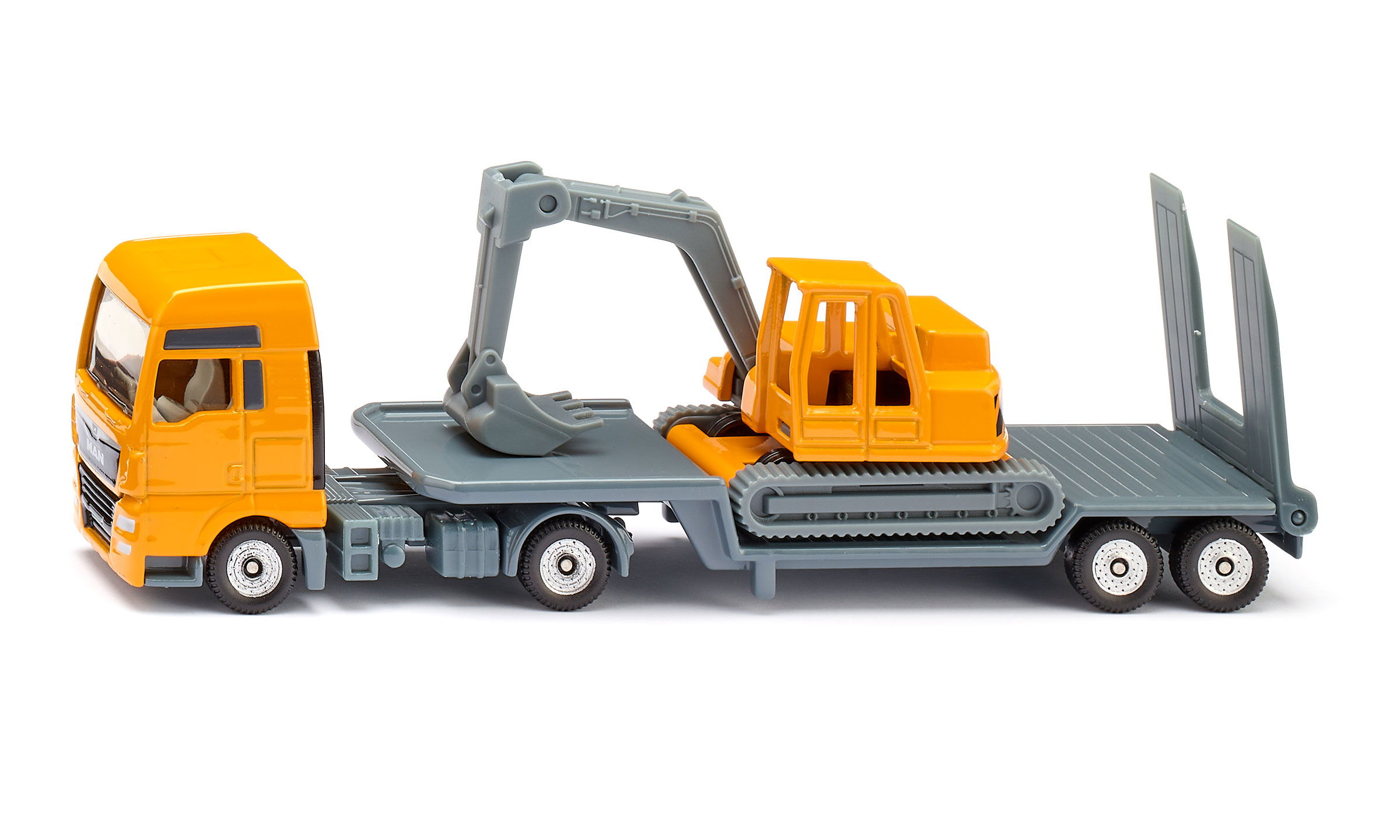 Low loader with excavator