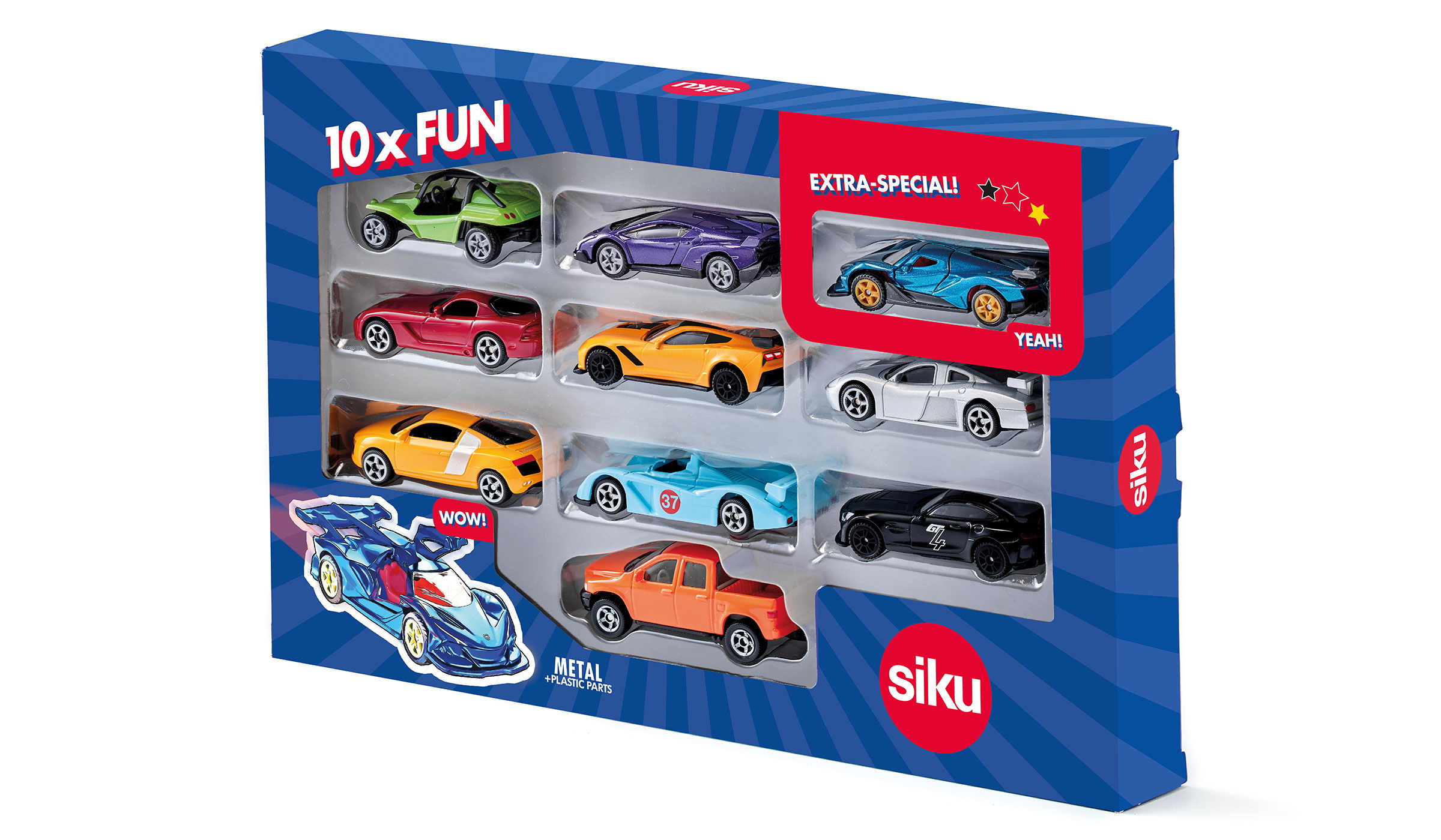 Blaue Verpackung mit 10 Sportwagen  hinter einem Sichtfenster. Die Verpackung steht auf weißem Hintergrund.