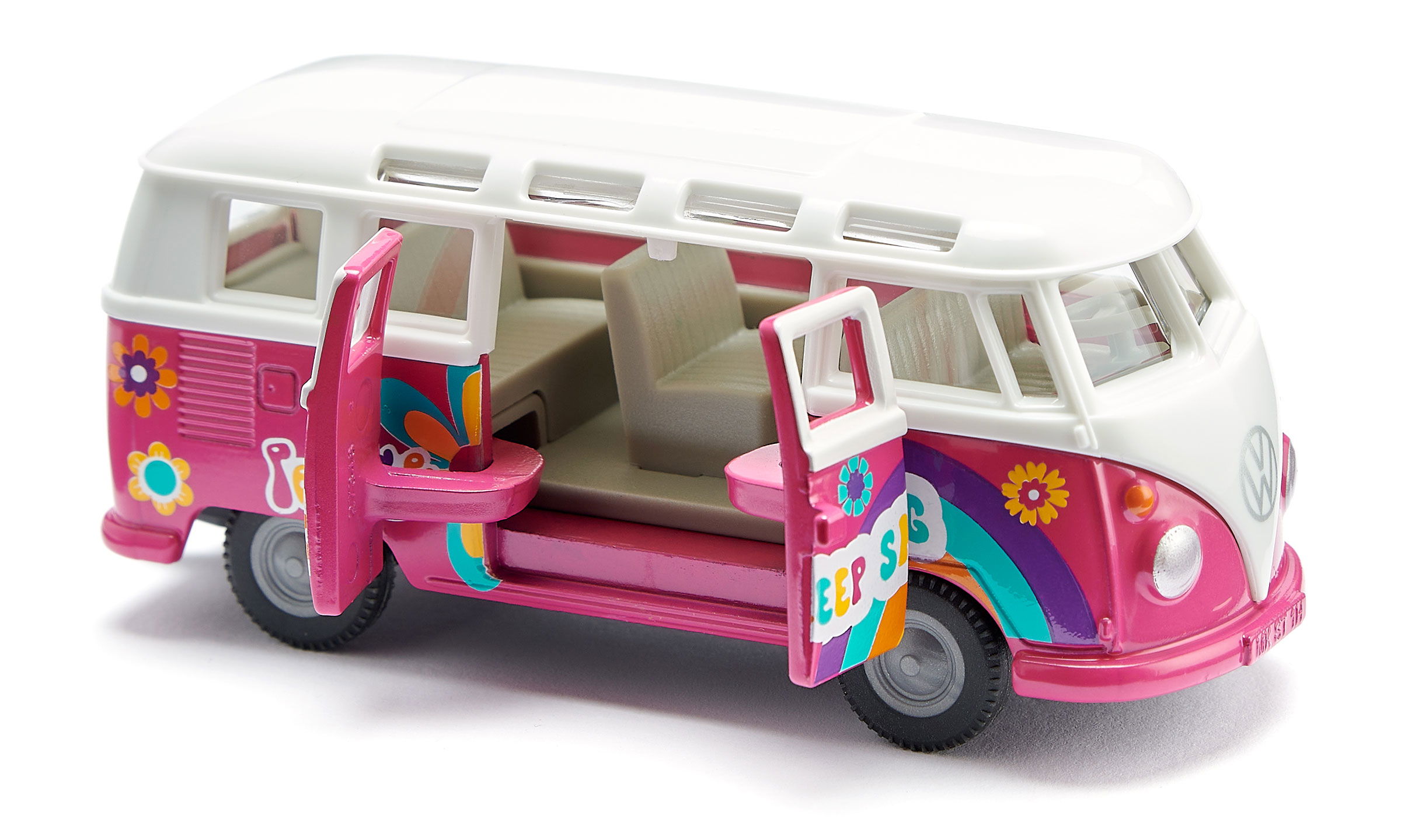 siku VW T1 Samba in pink  und weißem Dach mit bunten Blumen. Bedruckung Love und Stay Groovy in bunter Schrift.  Seitenansicht mit geöffneten Türen