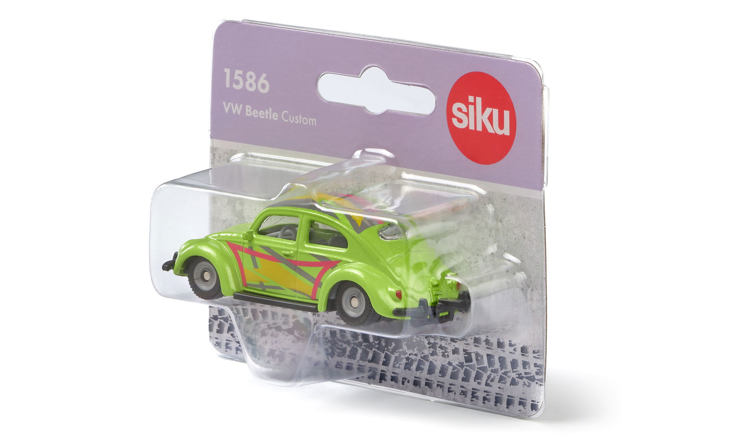 Tiefergelegter, grüner VW Käfer mit bunten Streifen auf weißem Hintergrund in Verpackung